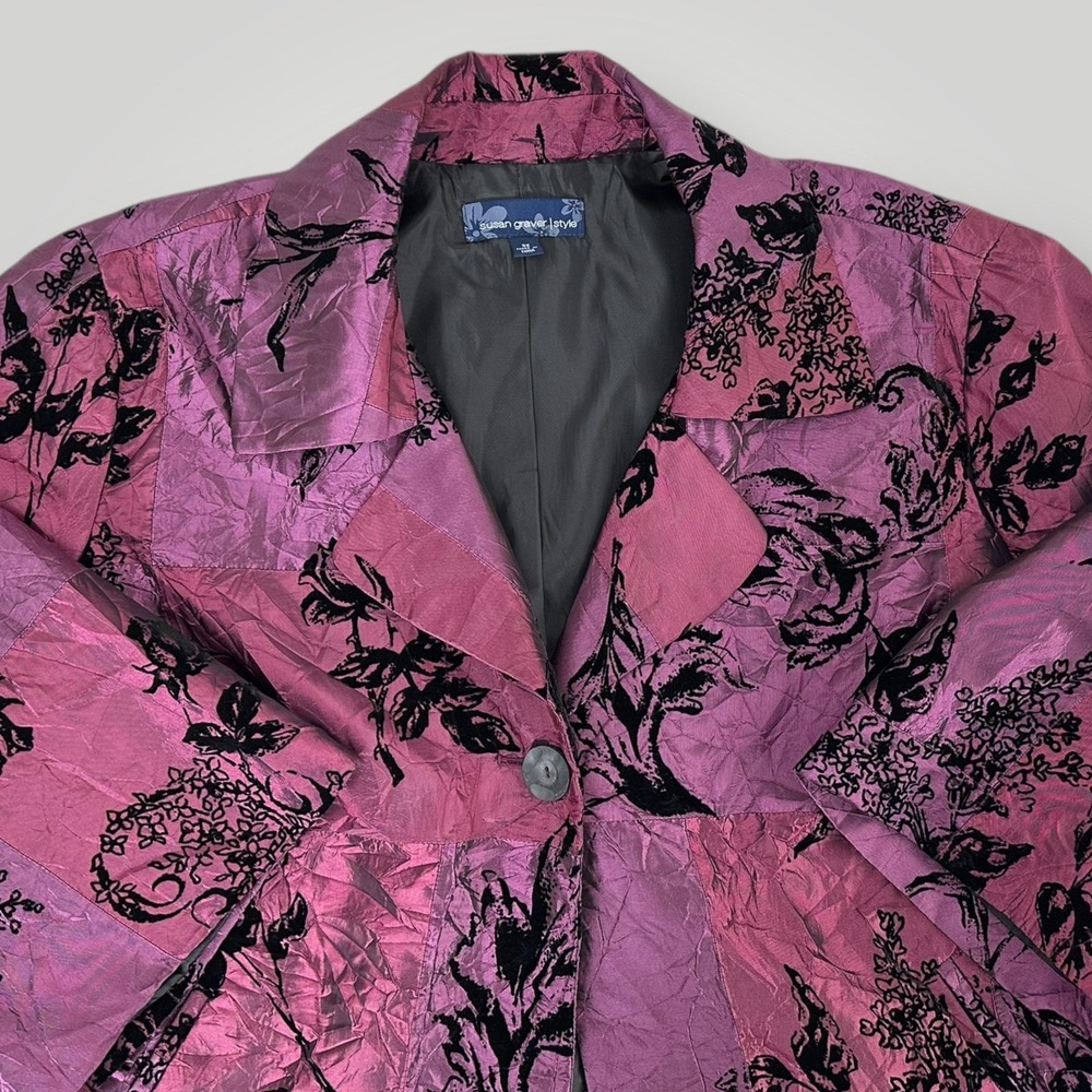 Susan Graver Jacket Womens 3X Purple Black Floral Crinkle Velvet Burnout Lined - Picture 4 of 7